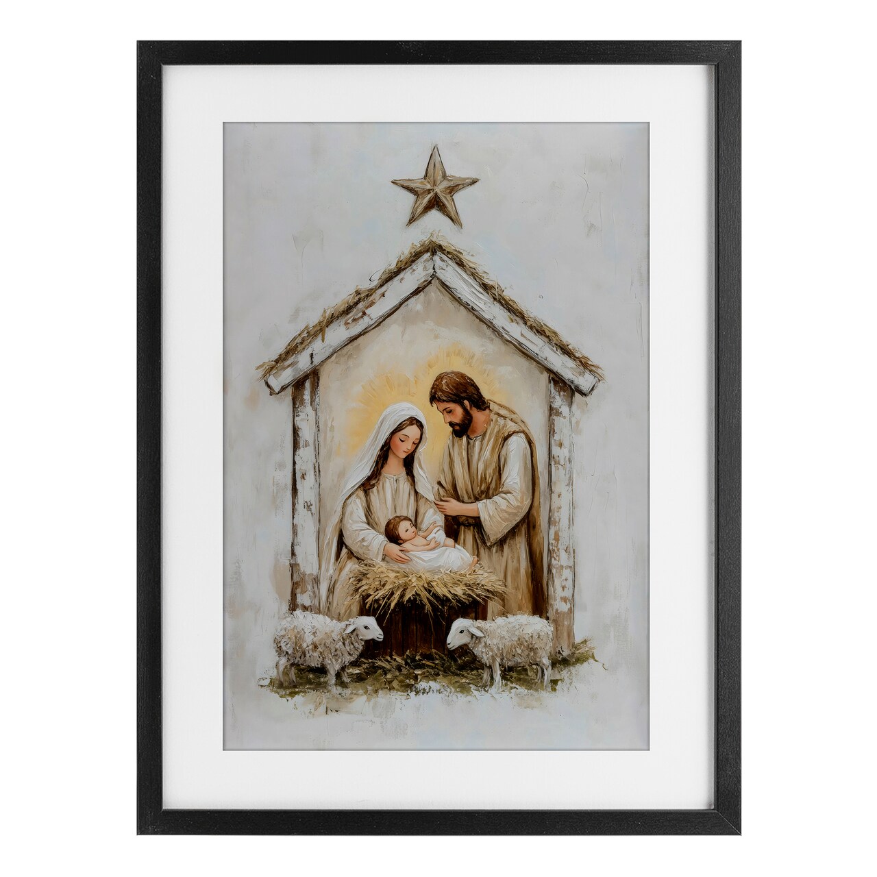 Stupell Industries Little Lambs & Nativity Framed Print Under Glass, design by Petal Prints Design